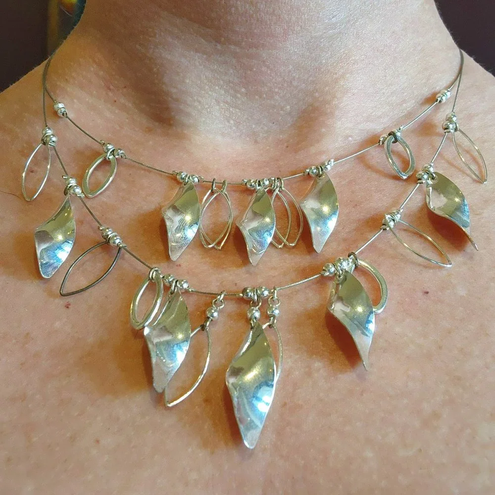 Double Layer Silver Spiral and Marquis Drop Statement Dressy Necklace